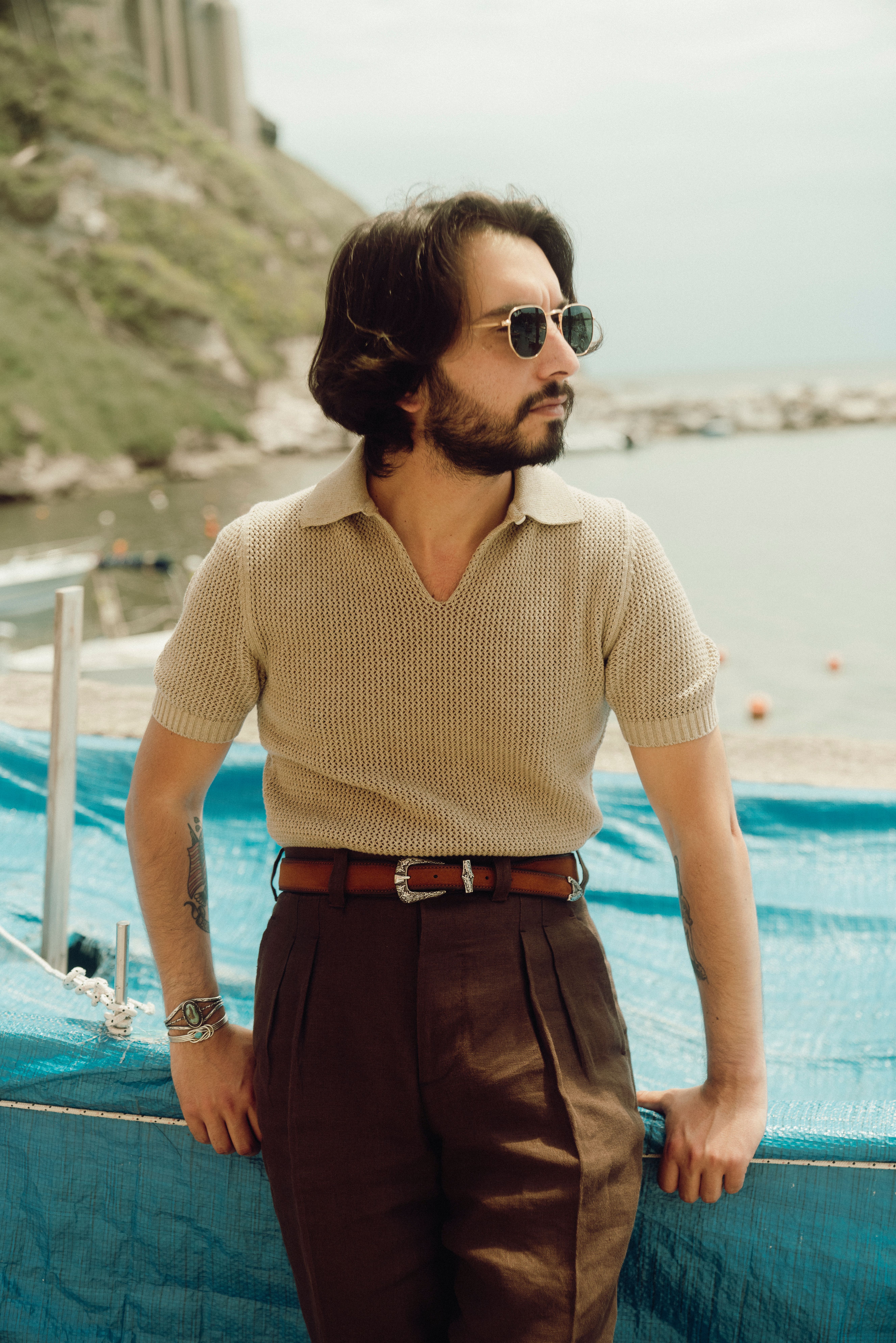 NR Napoli - Vesuvio Knitted Polo (1 Button) Beige - Image 3